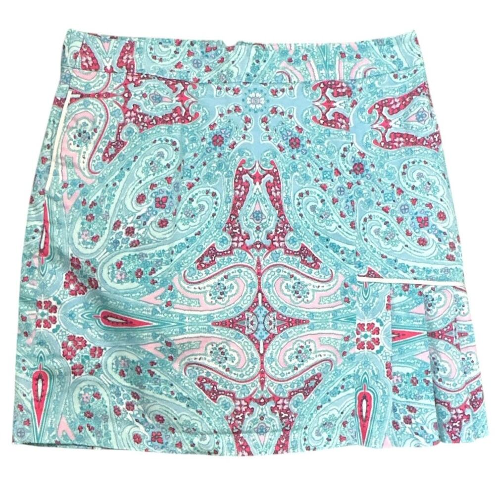 Peter Millar Golf Skirt Women's Teal Pink Paisley Cotton Stretch Lined Size 10